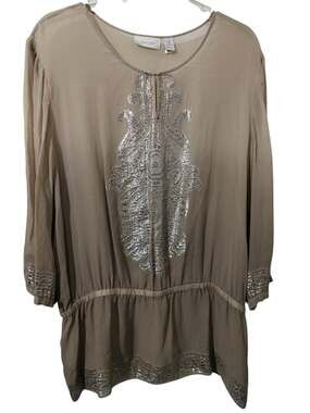 6342)Chico's Taupe Silk & Silver Metallic semi Sheer Ombre Blouse Chico 3/US XL